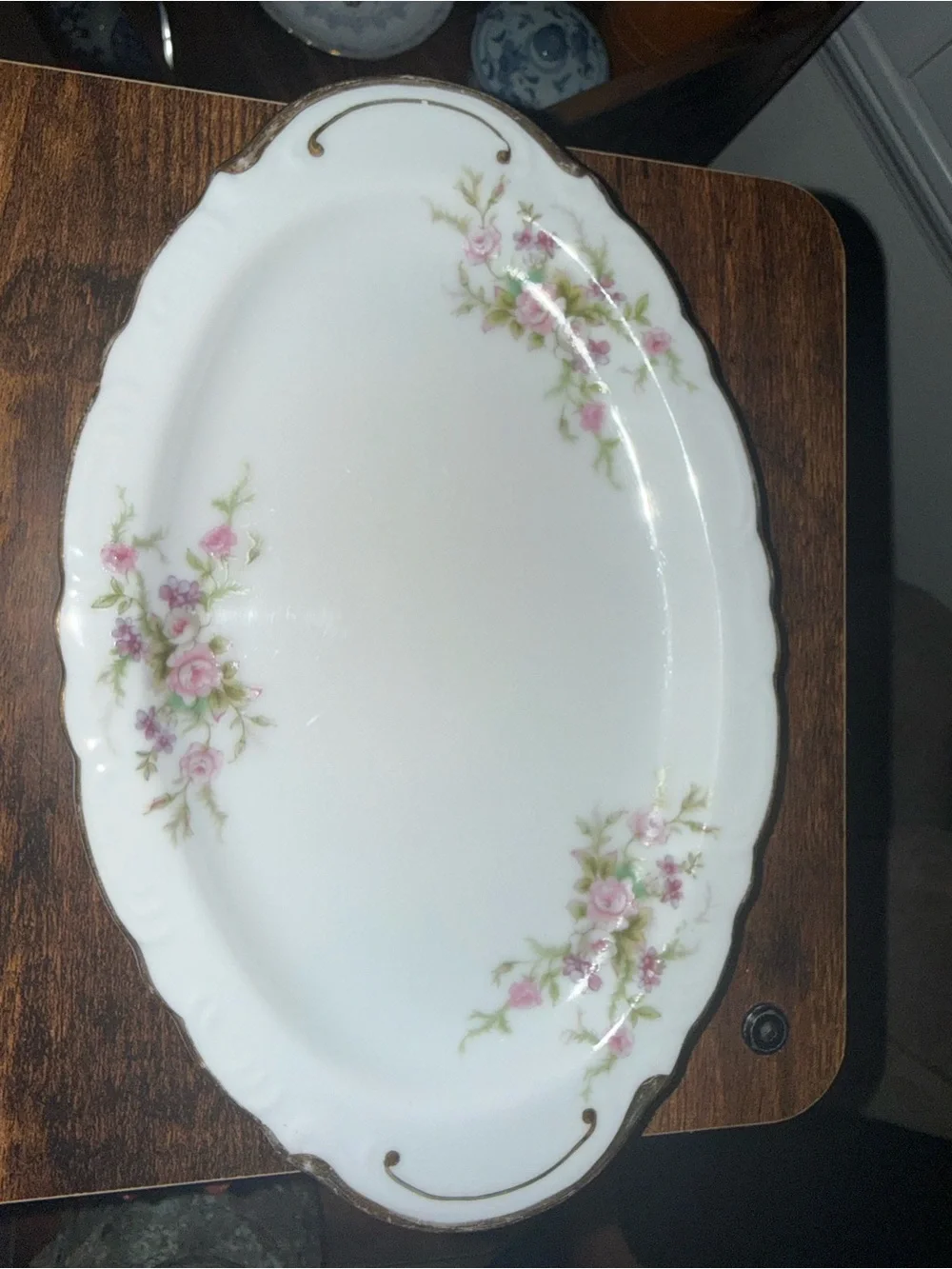 Forget Me Not -Classic Floral Porcelain Serving Platter in White with Pink Roses